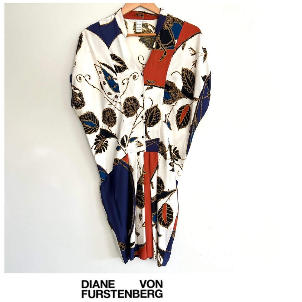 DIANE VON FURSTENBERG DVF Leaf Color Block Print Silk Pleated Mini Dress Sz 6